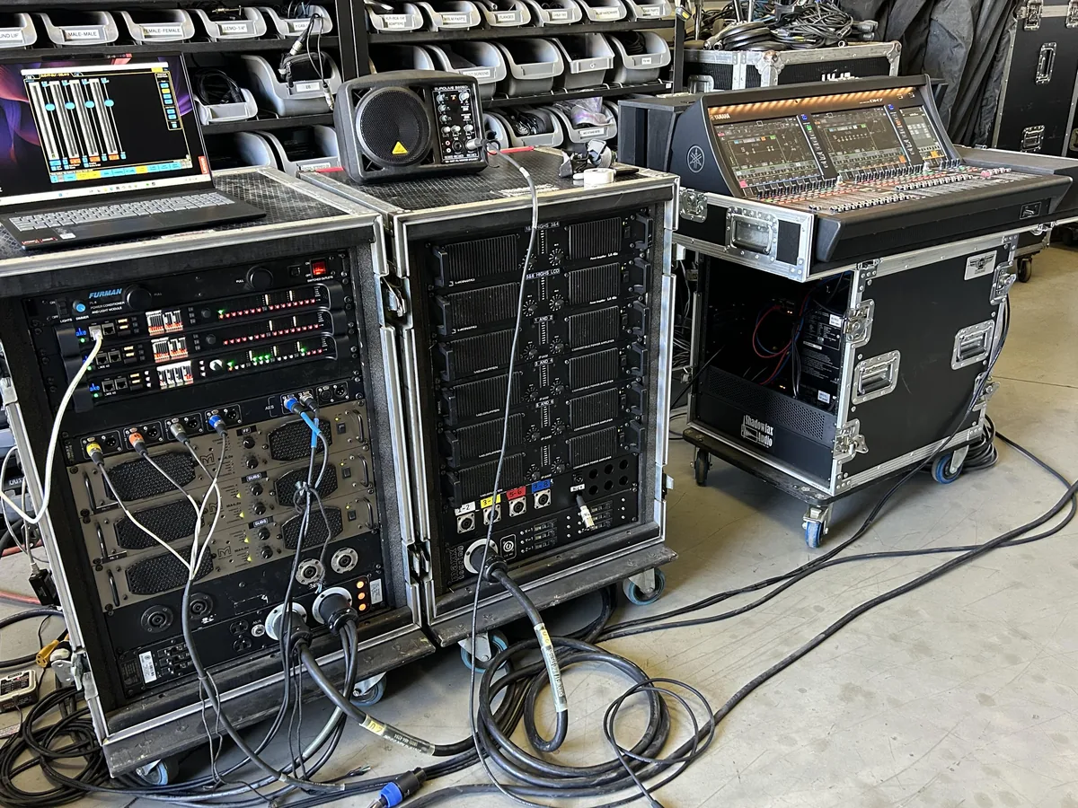 Professional audio equipment prepared by Shadowfax Audio for a live event